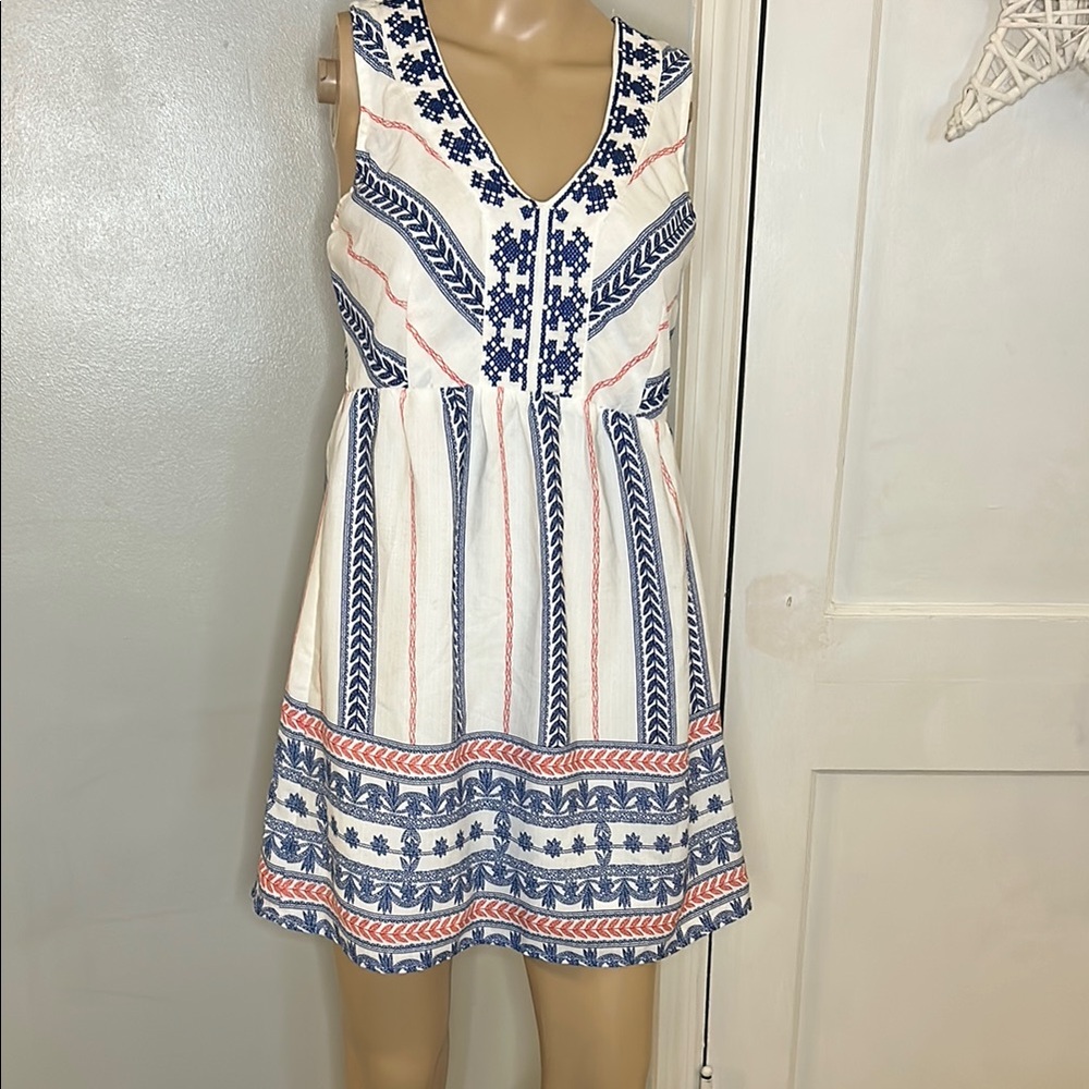 Sleeveless White and Blue Embroidered Dress